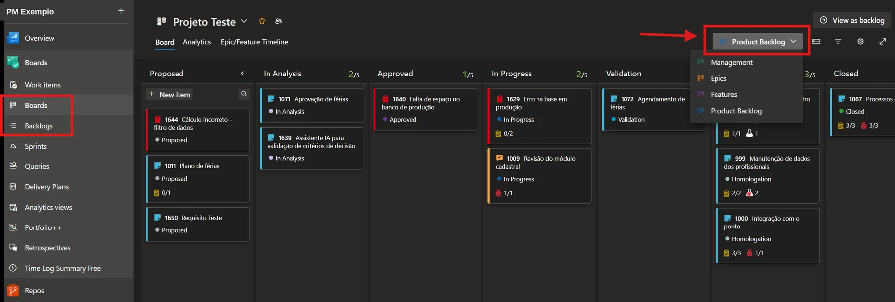 Menu de seleção do tipo de quadro no Azure DevOps, com as opções Management, Epics, Features e Product Backlog