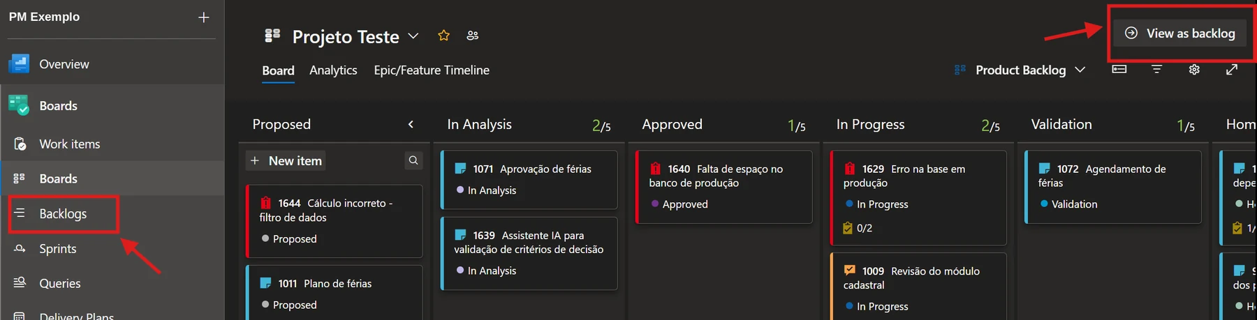Alternância entre a visão de quadro e a visão de lista do backlog